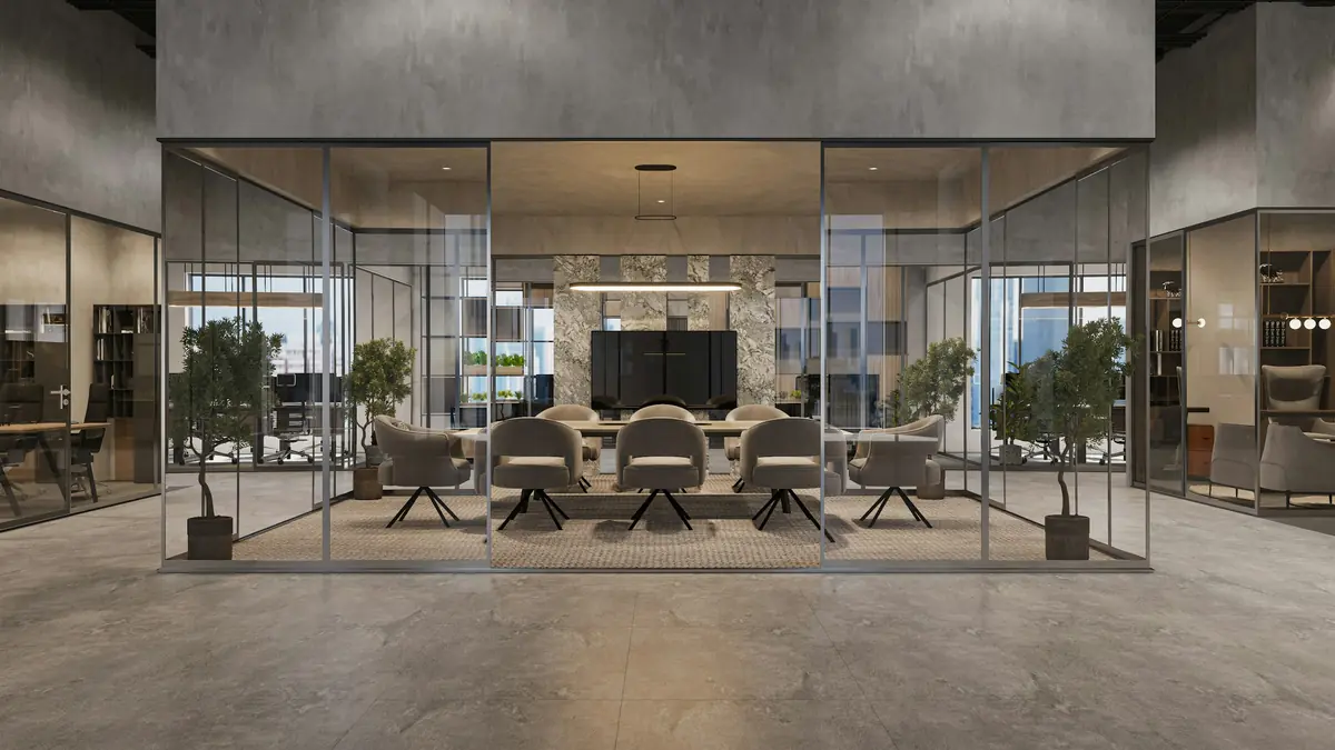 Modern glass-walled office meeting room with a marble feature wall and city views